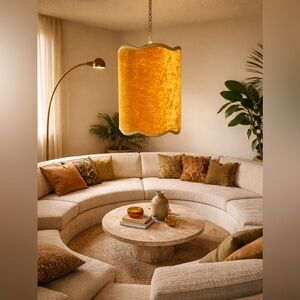 1960s Gold Velvet Mid-Century Ceiling Lamp Hanging Dramatic Light Fixture